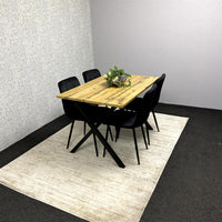 Modern Dining Table Set with 4 Black Velvet Chairs – Wood Effect Tabletop with X-Shaped Metal Legs – Stylish Kitchen or Dining Room Furniture