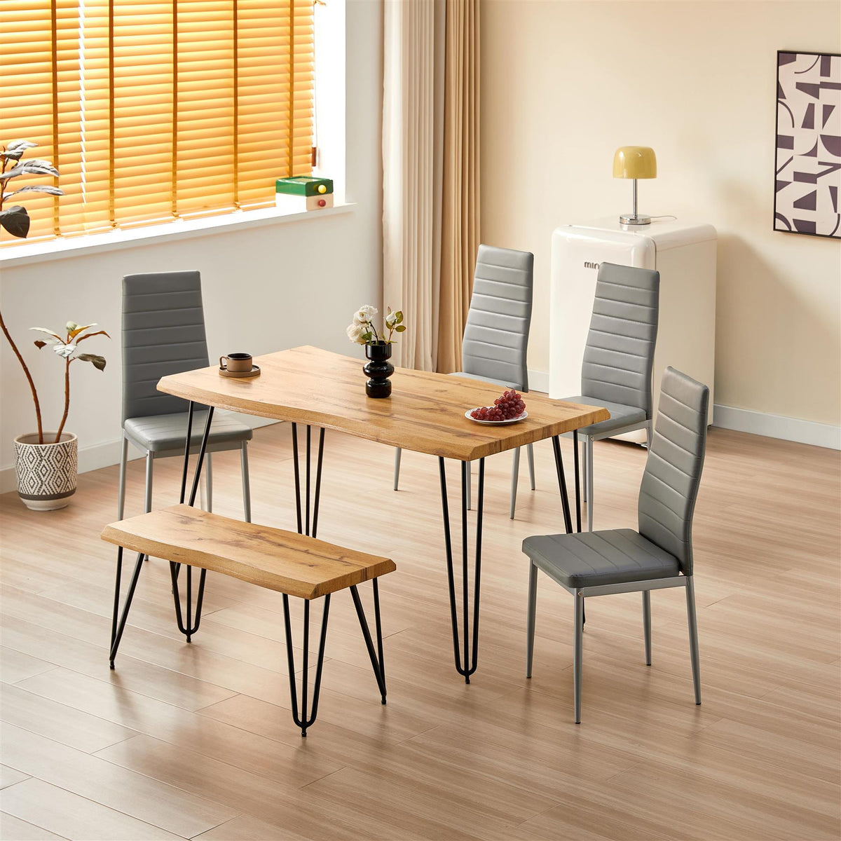 Brown Wooden Dining Table with 4 Grey Chairs and Bench - Dining Kitchen Room Furniture
