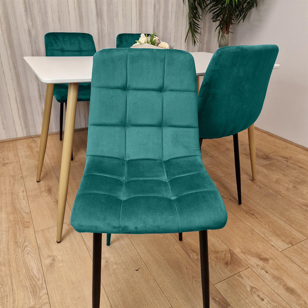 Wooden White Dining Table Set with 4 Green Velvet Upholstered Chairs
