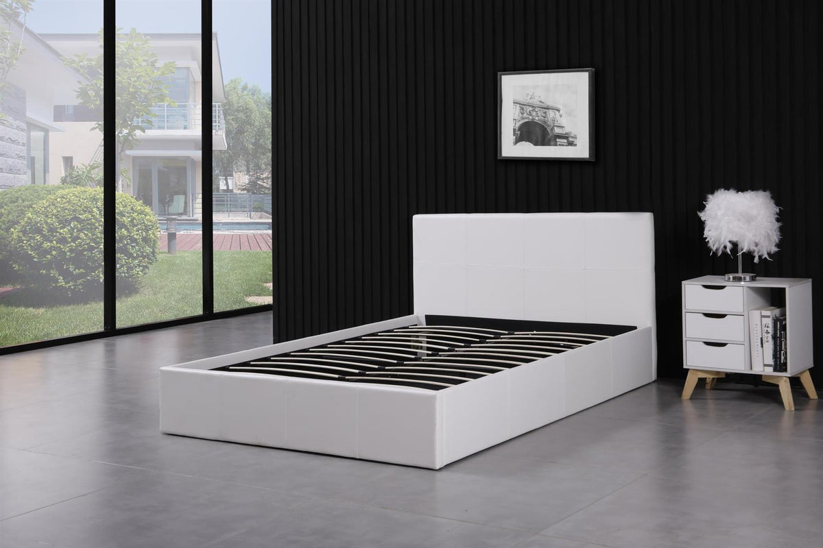 Ottoman Bed Gas Lift Storage Leather White 4ft Small Double Pine Wood Bedroom