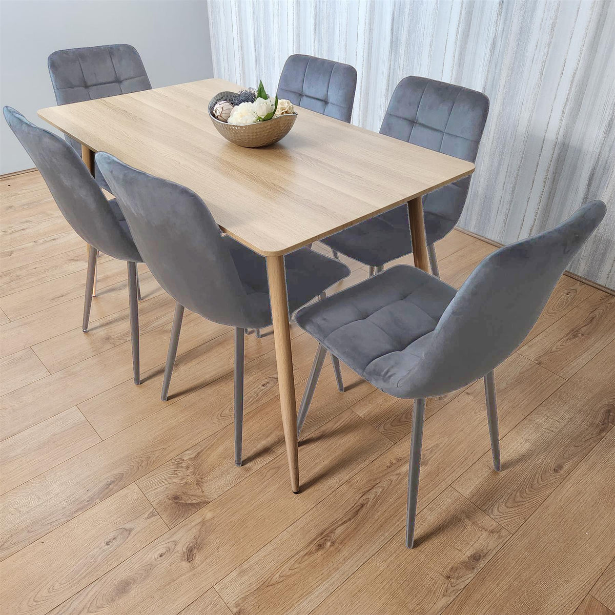 Beige Oak Design Dining Table Set with Velvet Chairs & Metal Legs