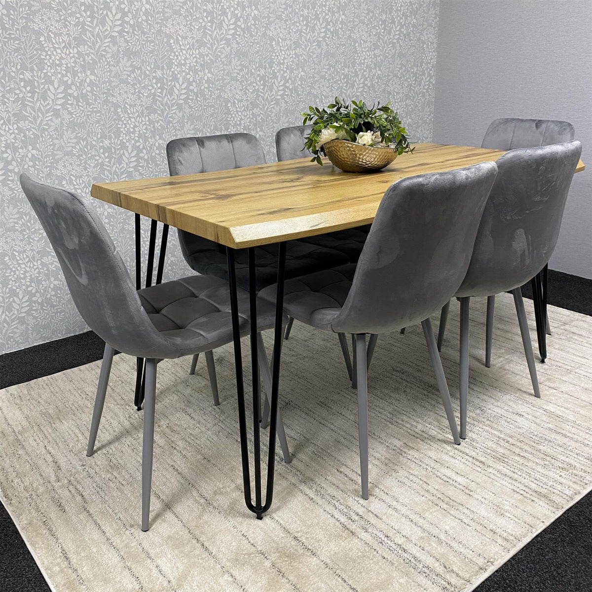Wooden Dining Table and 6 Grey Velvet Chairs - Stylish Dining Room Furniture