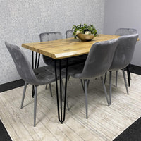 Wooden Dining Table and 6 Grey Velvet Chairs - Stylish Dining Room Furniture