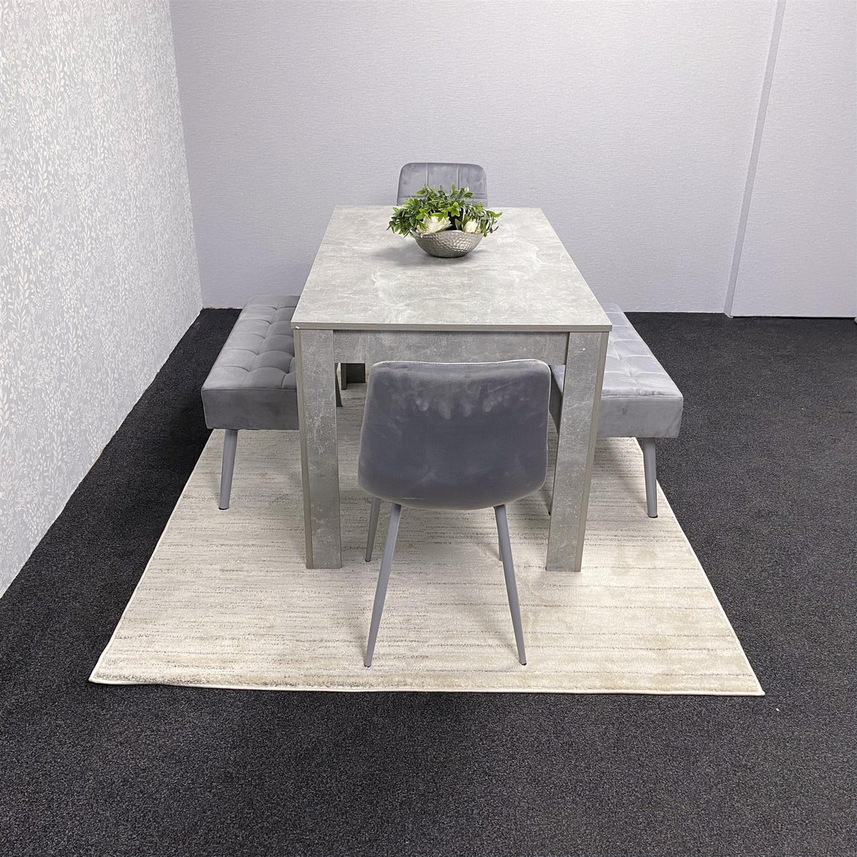 Grey Wooden Dining Table Set with 2 Grey Chairs and 2 Benches - Dining Furniture