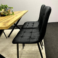 Modern Dining Table Set with 4 Black Velvet Chairs – Wood Effect Tabletop with X-Shaped Metal Legs – Stylish Kitchen or Dining Room Furniture