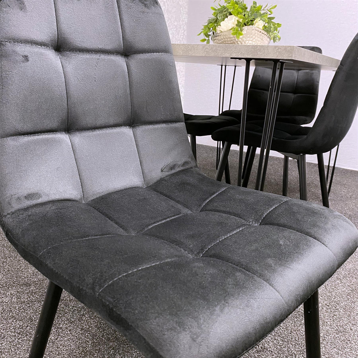 Grey Dining Table with Hairpin Legs & 4 Black Velvet Chairs Set for Kitchen & Dining Room