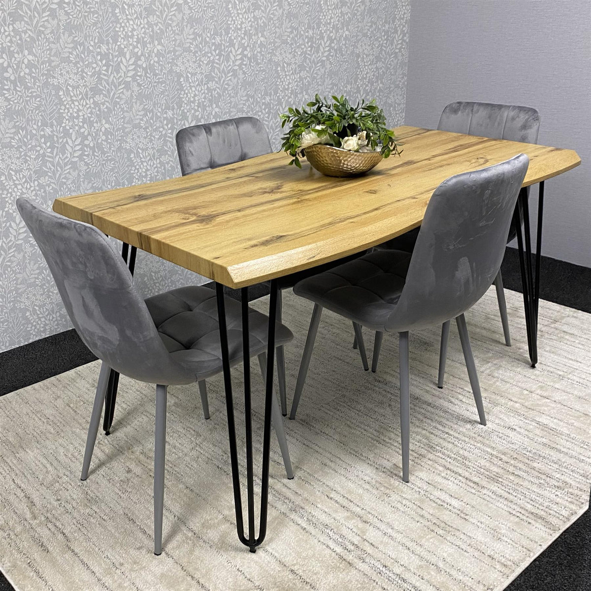 Wooden Dining Table and 4 Grey Velvet Chairs - Stylish Dining Room Furniture