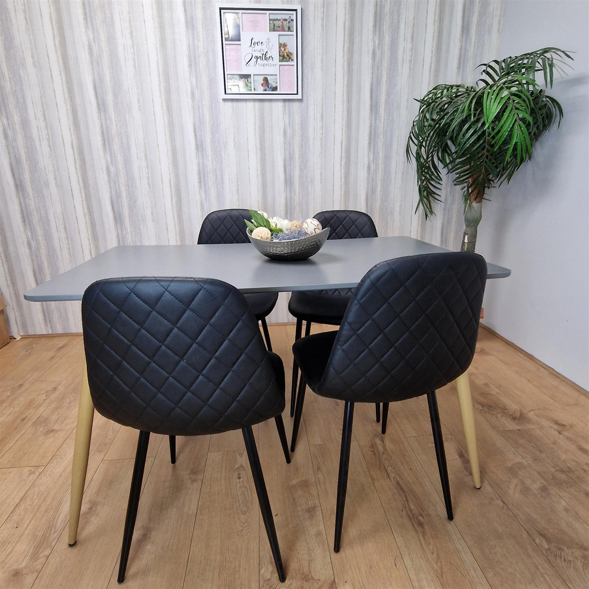 Dining Table Set of 4 Wooden Grey Table with 4 Black Gem Patterend Chairs