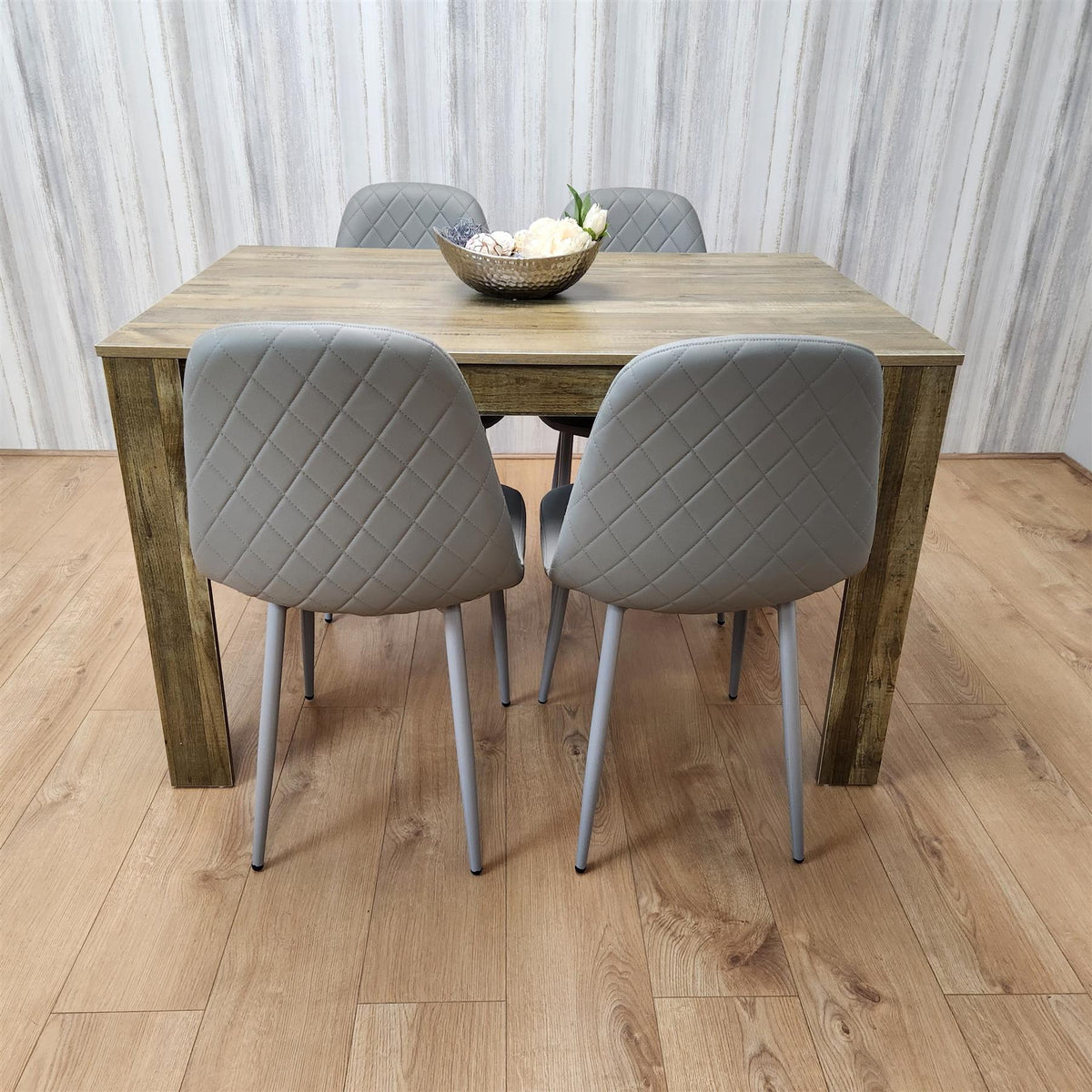 Dining Set of 4 Dining Table and 4 Grey Gem Patterned Stitiched Chairs