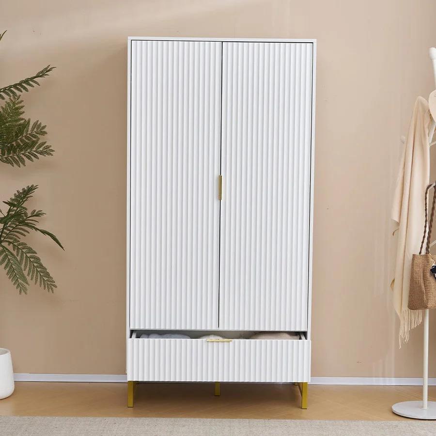 Modern White Wardrobe with Gold Metal Legs – Elegant Storage Solution for Bedroom
