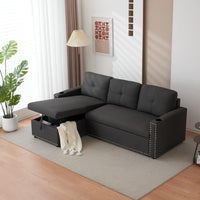 Sofabed 3 Seater Reversible Sectional Sofa Sleeper Set with Storage Chaise, Built-in Cupholder, Decorative Rivets, Pull-out Bed, and Dark Grey Fabric