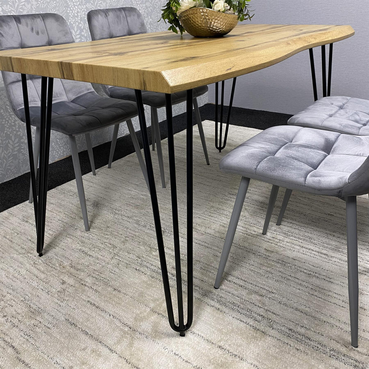 Wooden Dining Table and 4 Grey Velvet Chairs - Stylish Dining Room Furniture