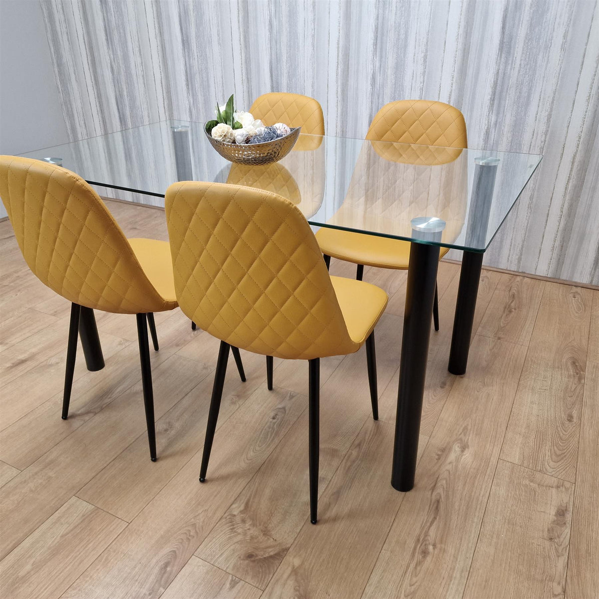 Glass Dining Table with 4 Mustard Chairs Dining Room Dining Table set for 4