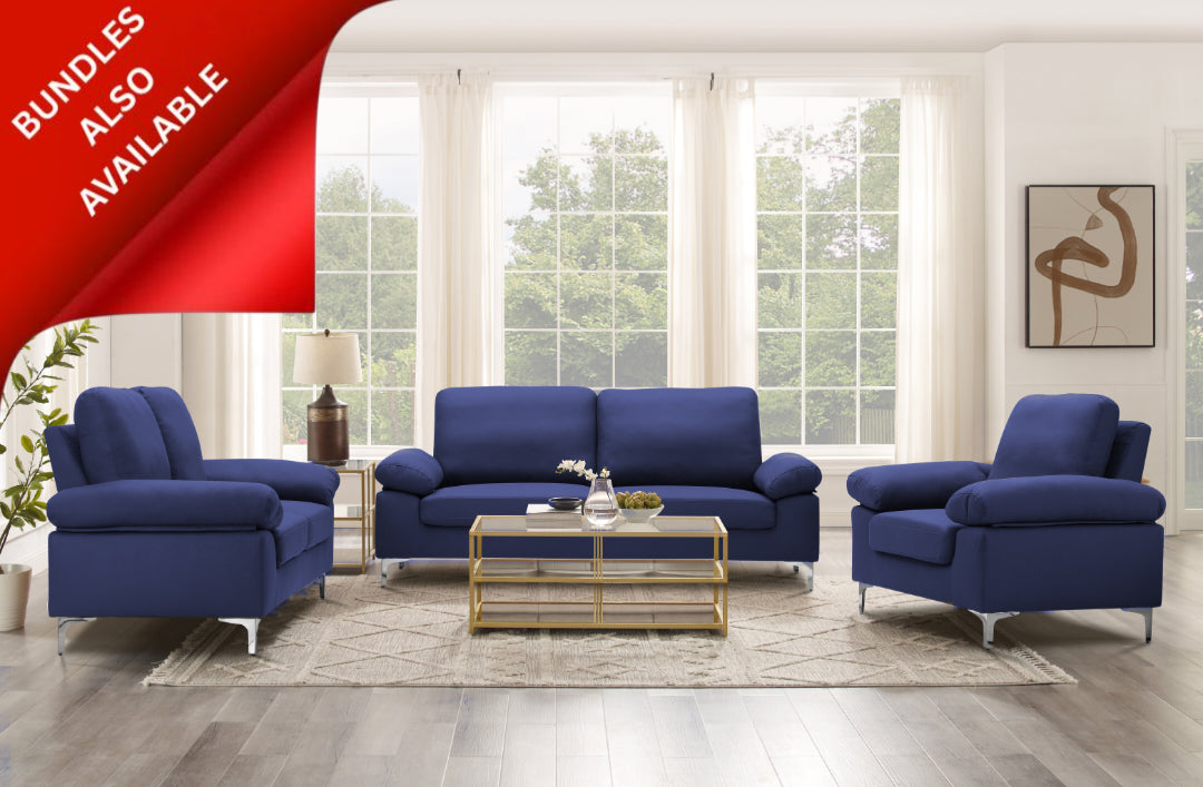 Modern Two Seater Sofa Blue Fabric with Chrome Feet - Comfortable Couch with Cushion for Living Room, Bedroom or Office