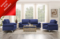 Modern Two Seater Sofa Blue Fabric with Chrome Feet - Comfortable Couch with Cushion for Living Room, Bedroom or Office