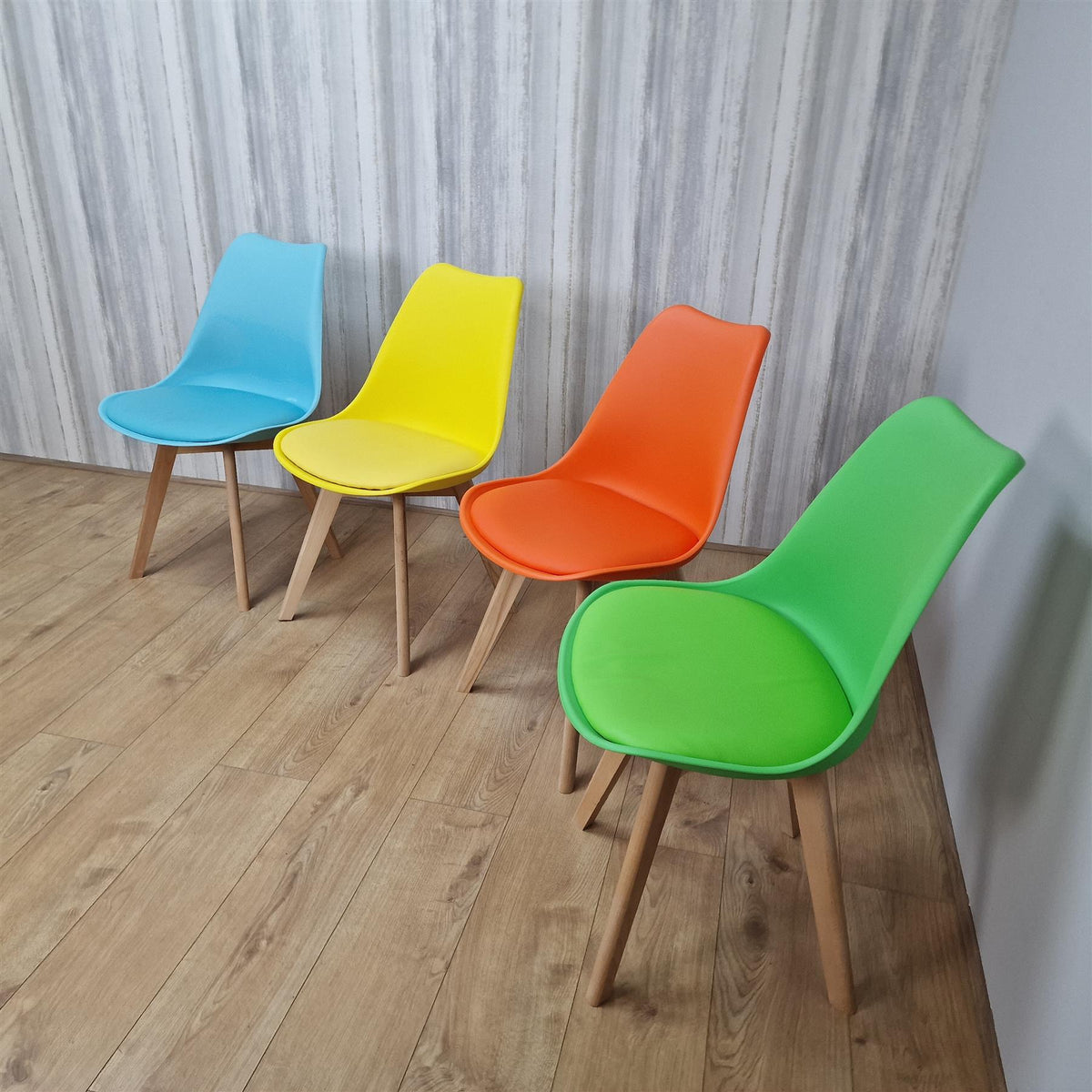 Dining Table and 4 Chairs Stone Grey Effect Wood Table 4 Colourful Plastic Leather Chairs Dining Room