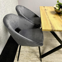 Modern Dining Table Set with Padded Bench and Grey Velvet Chairs – Wood Effect Tabletop with X-Shaped Metal Legs – Stylish Kitchen or Dining Room Furniture