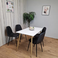 Dining Table Set of 4 Wooden White Table with 4 Black Gem Patterend Chairs