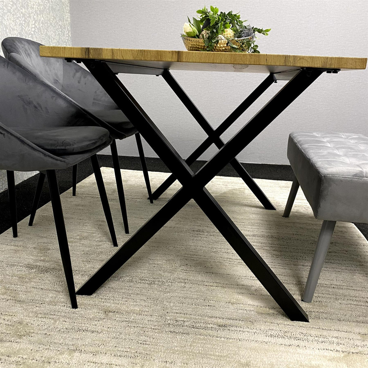Modern Dining Table Set with Padded Bench and Grey Velvet Chairs – Wood Effect Tabletop with X-Shaped Metal Legs – Stylish Kitchen or Dining Room Furniture