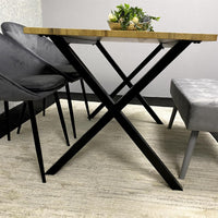 Modern Dining Table Set with Padded Bench and Grey Velvet Chairs – Wood Effect Tabletop with X-Shaped Metal Legs – Stylish Kitchen or Dining Room Furniture