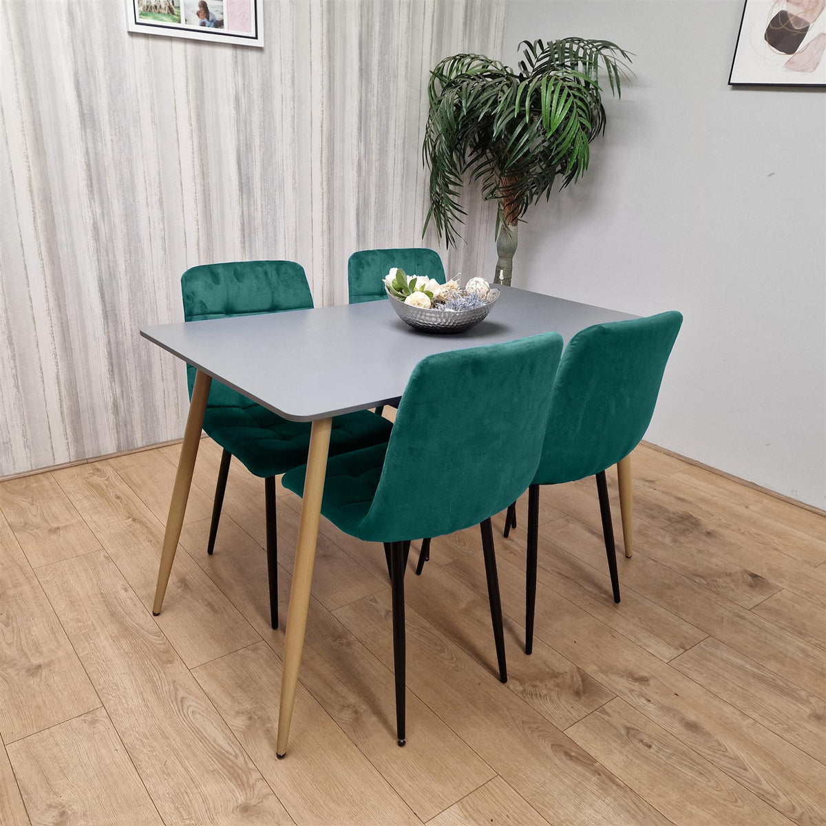 Wooden Grey Dining Set with 4 Green Velvet Chairs