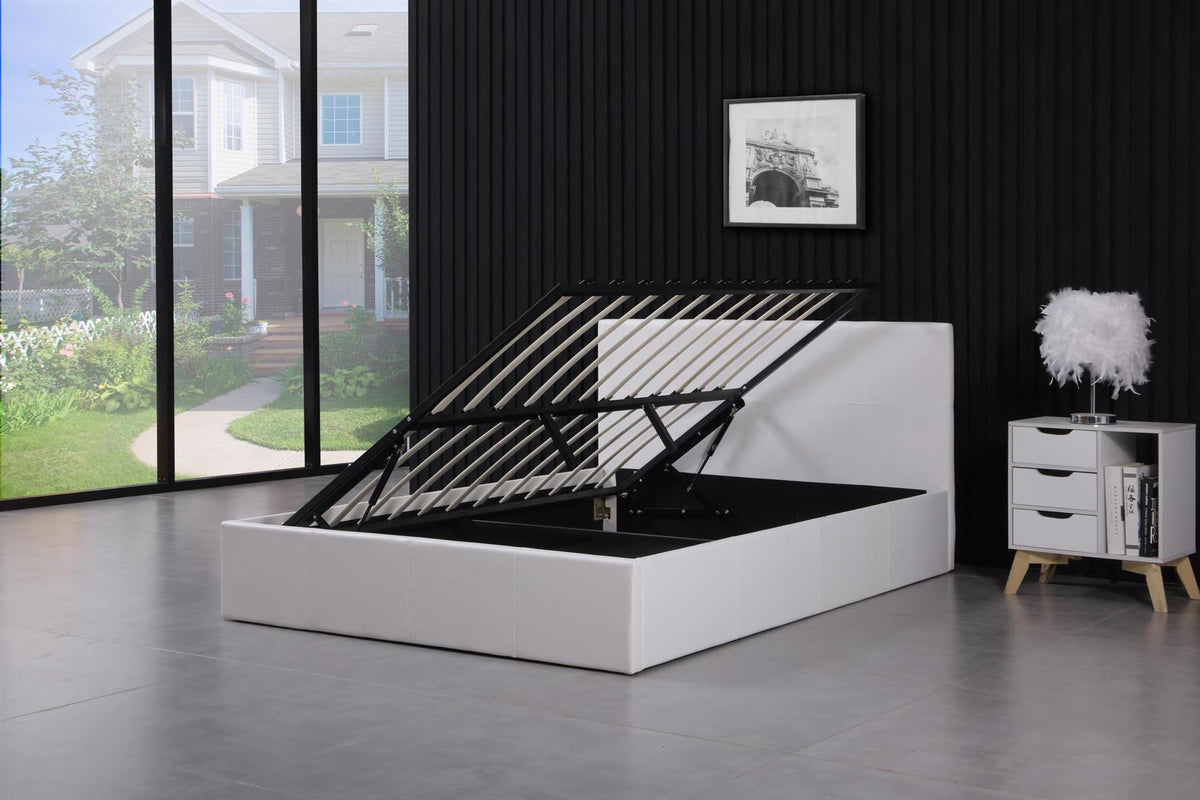 Ottoman Bed Gas Lift Storage Leather White 4ft Small Double Pine Wood Bedroom