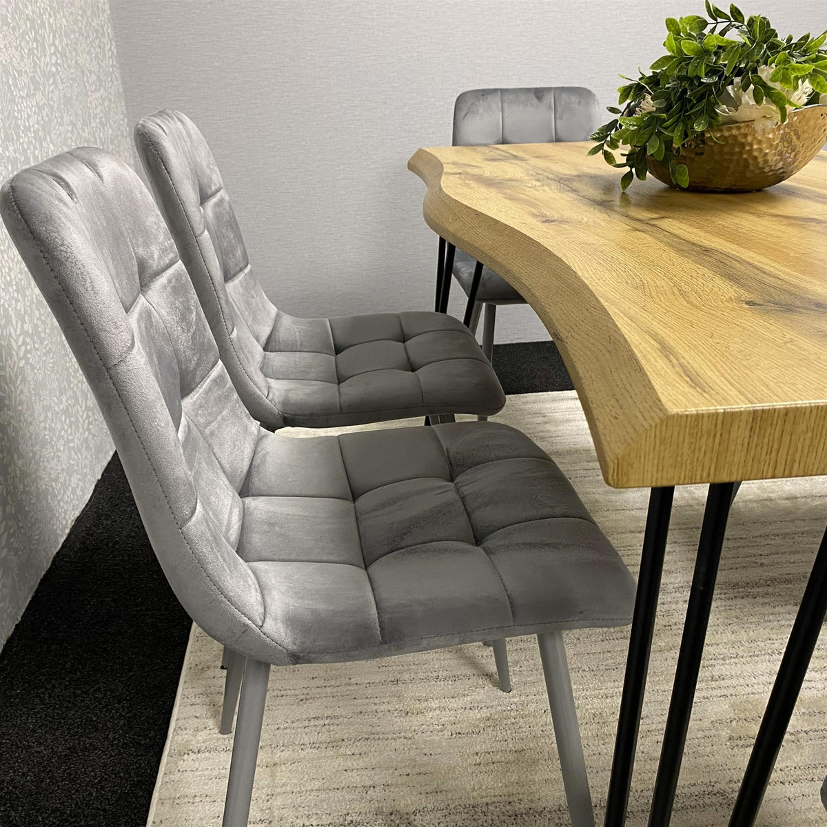 Wooden Dining Table and 6 Grey Velvet Chairs - Stylish Dining Room Furniture