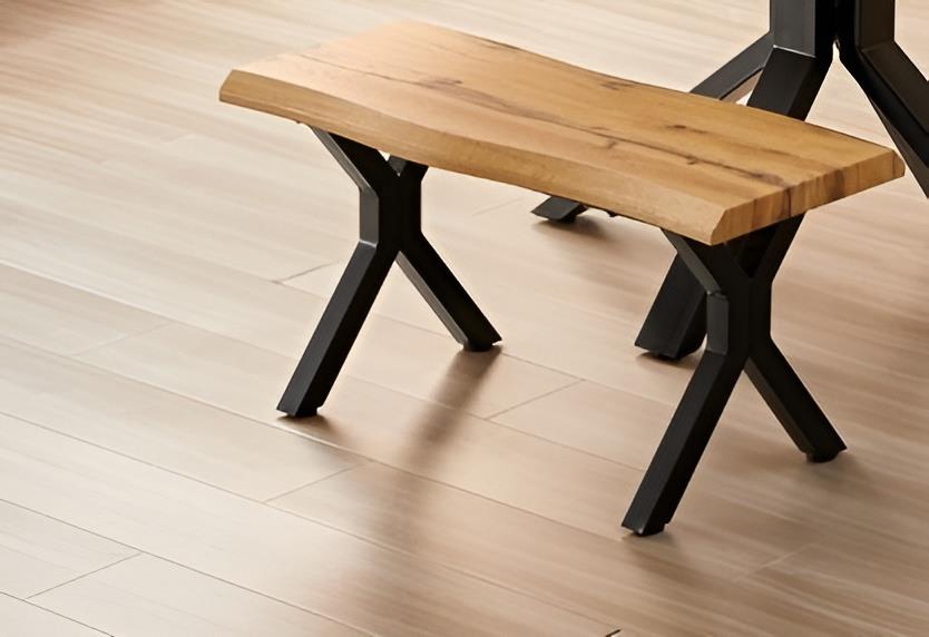 Durable Wooden Bench with X-Shaped Iron Legs, Curved Edge for Dining, Work, or Study