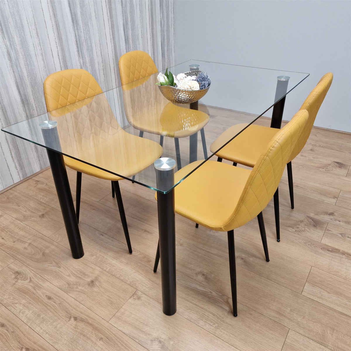 Glass Dining Table with 4 Mustard Chairs Dining Room Dining Table set for 4