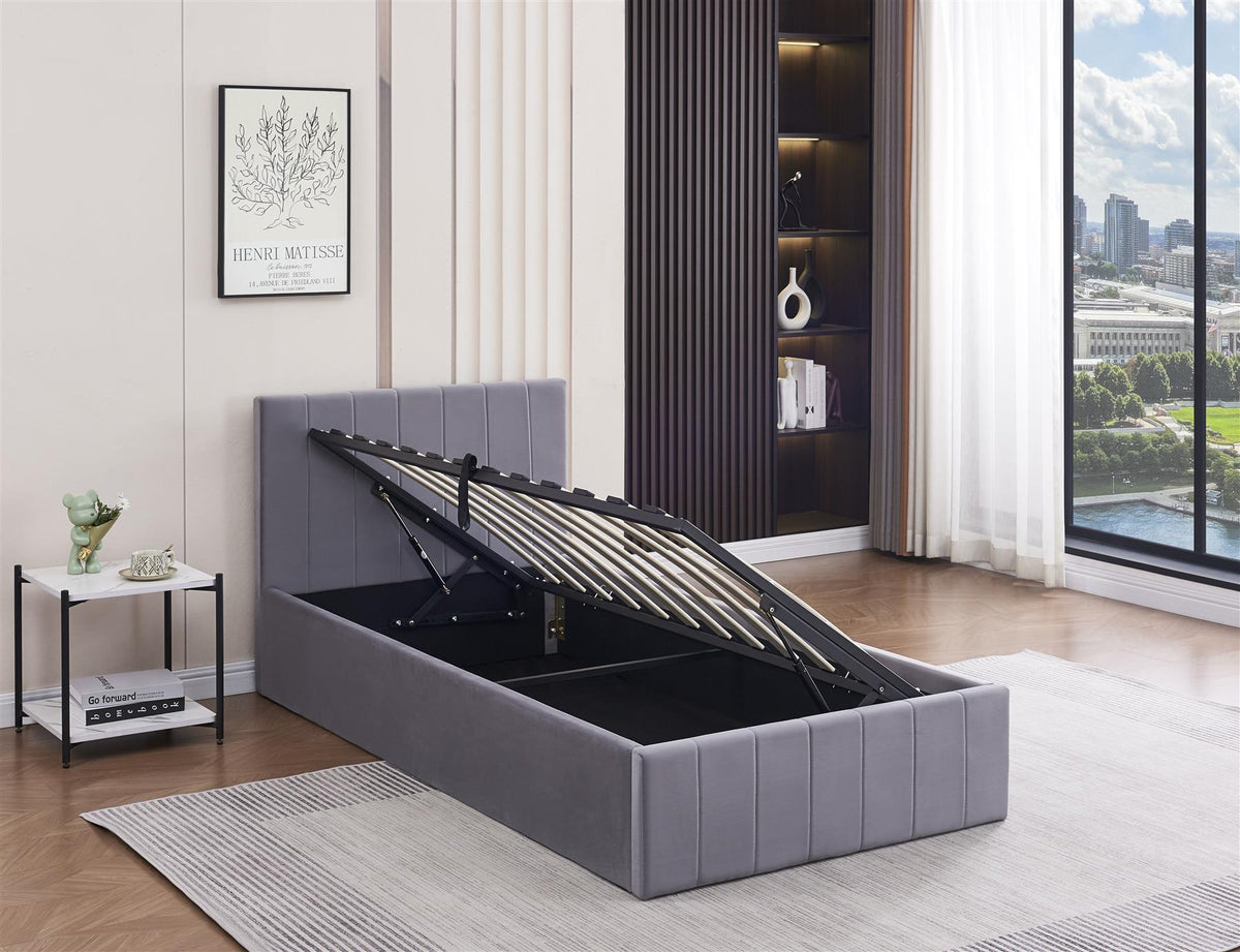 Ottoman Bed Gas Lift Storage Grey 3ft Single Line Pattern Velvet Pine Wood Bedroom