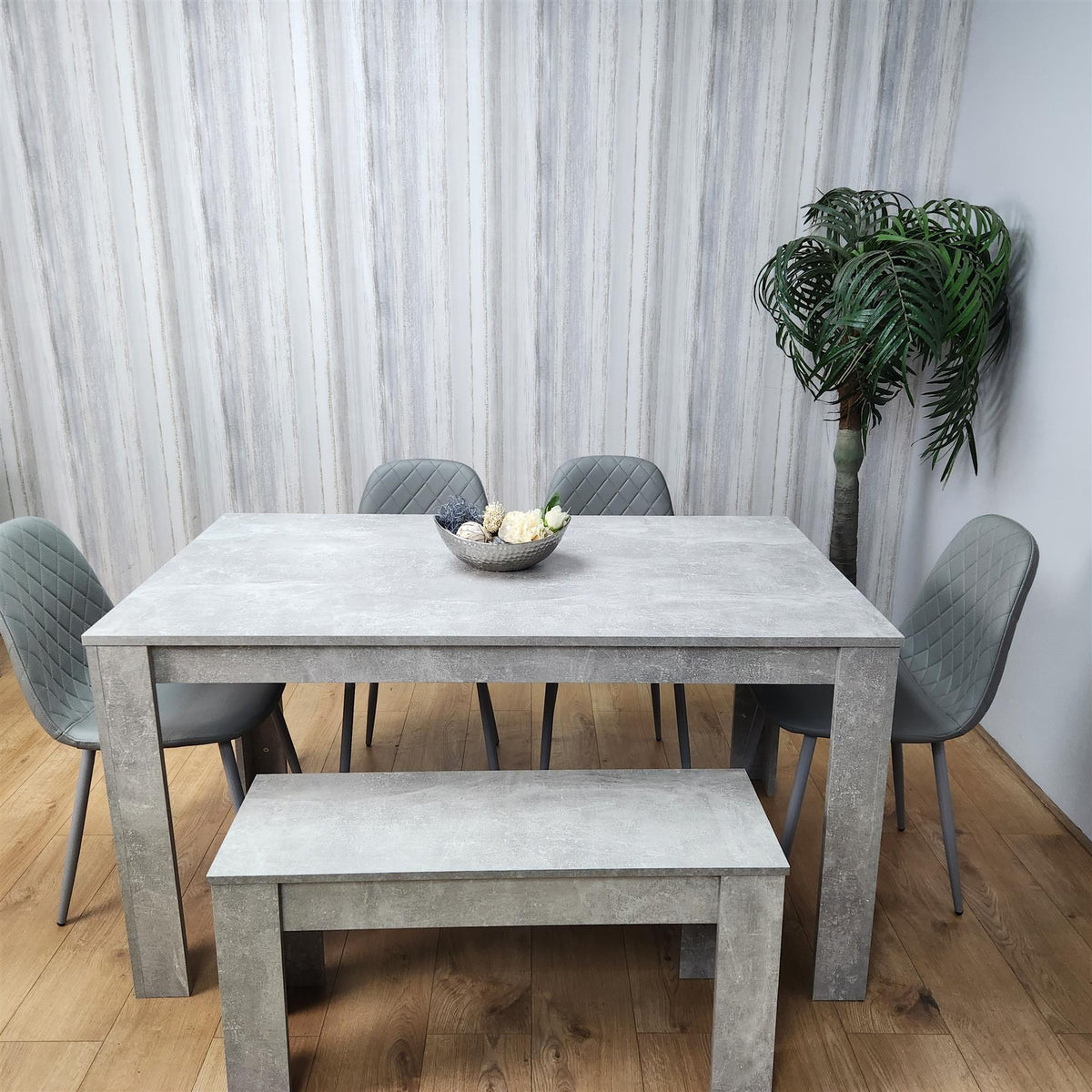 Wooden Rectangle Dining Table Sets with Set of 4 Chairs, a Bench, Grey