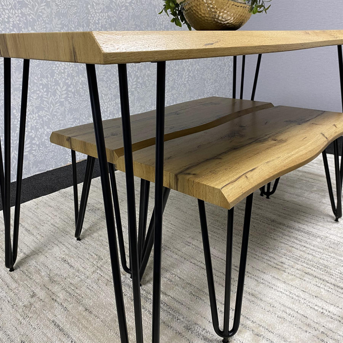 Wooden Dining Table and 2 Benches Set With Metal Hairpin Legs for Dining Room, Work, or Study