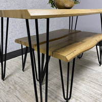 Wooden Dining Table and 2 Benches Set With Metal Hairpin Legs for Dining Room, Work, or Study