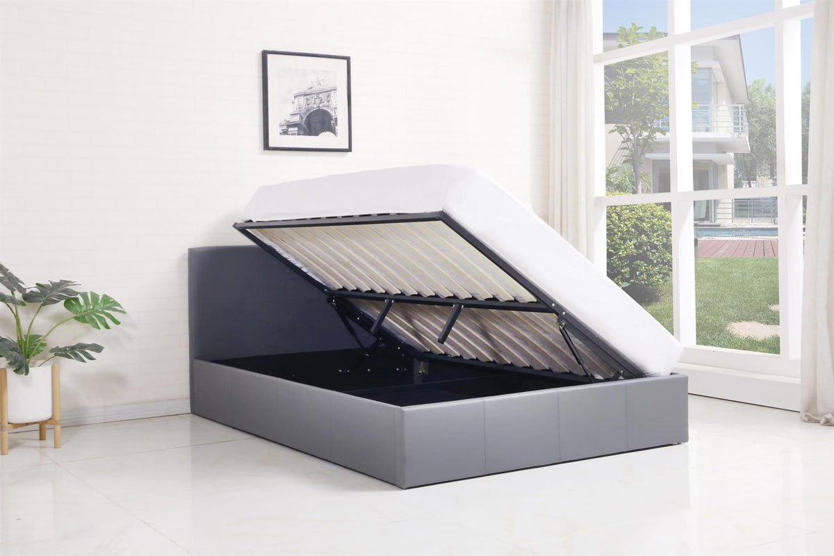 Ottoman Bed Gas Lift Storage Leather Grey 3ft Single Pine Wood Bedroom