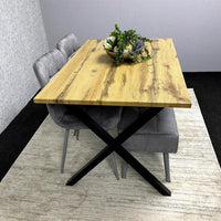 Modern Dining Table Set with Padded Bench and 2 Grey Velvet Chairs – Wood Effect Tabletop with X-Shaped Metal Legs – Stylish Kitchen or Dining Room Furniture