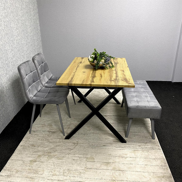 Modern Dining Table Set with Padded Bench and 2 Grey Velvet Chairs – Wood Effect Tabletop with X-Shaped Metal Legs – Stylish Kitchen or Dining Room Furniture