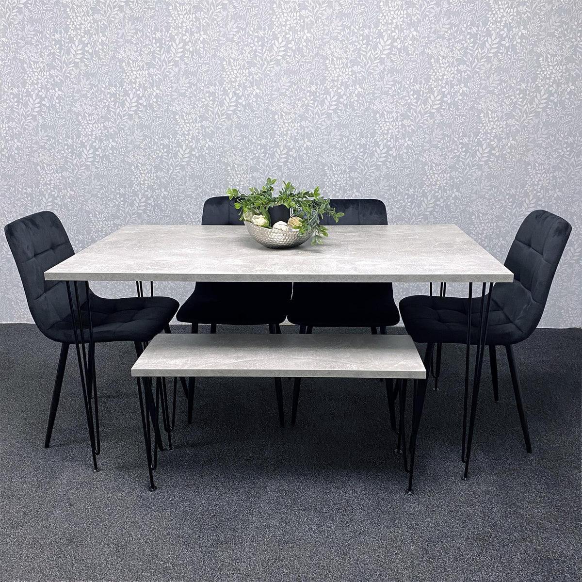 Grey Dining Table with Hairpin Legs, Bench & 4 Black Velvet Chairs Set for Kitchen & Dining Room