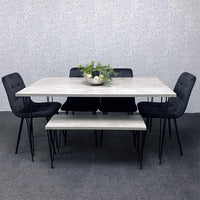 Grey Dining Table with Hairpin Legs, Bench & 4 Black Velvet Chairs Set for Kitchen & Dining Room