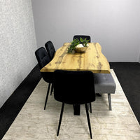 Wood Dining Set with Velvet Chairs & Grey Velvet Bench
