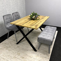 Modern Dining Table Set with Padded Bench and 2 Grey Velvet Chairs – Wood Effect Tabletop with X-Shaped Metal Legs – Stylish Kitchen or Dining Room Furniture