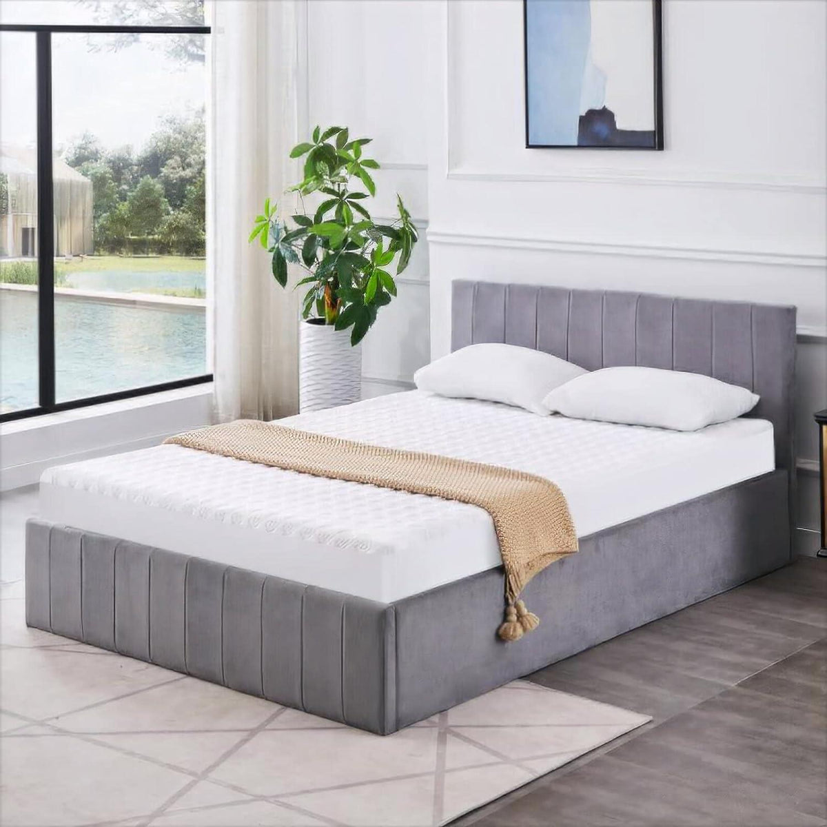 Ottoman Bed Gas Lift Storage Grey 3ft Single Line Pattern Velvet Pine Wood Bedroom