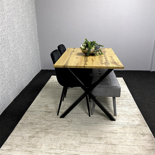 Modern Dining Table Set with Padded Bench and Black Velvet Chairs – Wood Effect Tabletop with X-Shaped Metal Legs – Stylish Kitchen or Dining Room Furniture