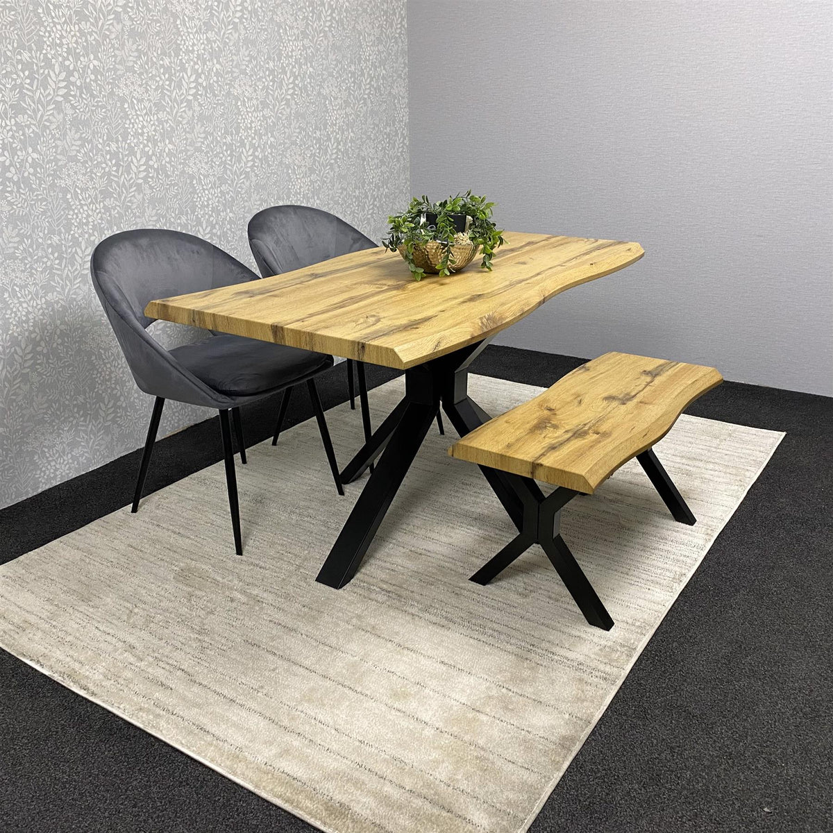 Brown Wooden Dining Table with 2 Grey Chairs and Bench - Dining Kitchen Room Furniture