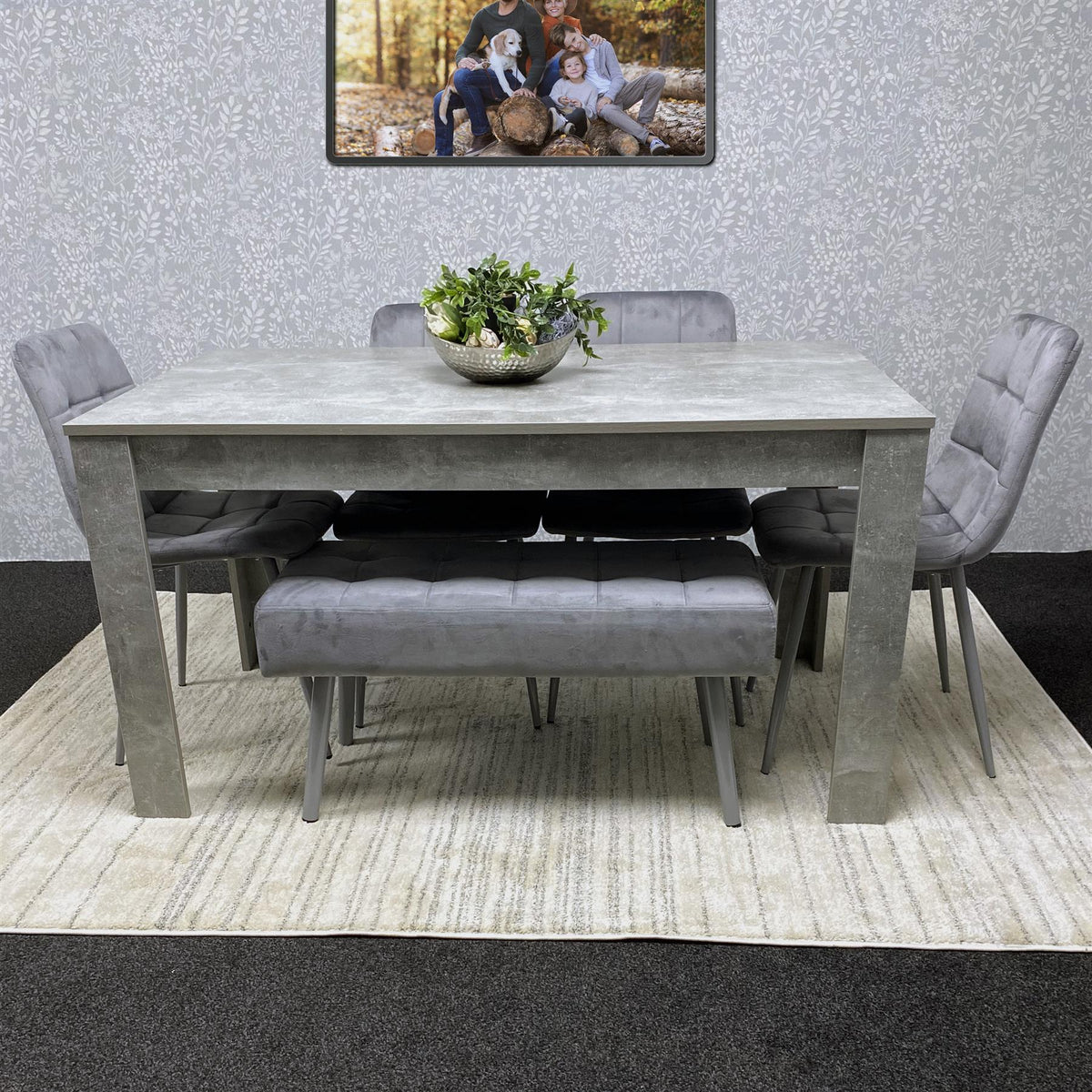 Grey Wooden Dining Table Set with 4 Grey Chairs and 1 Bench - Dining Kitchen Room Furniture