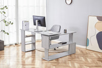 Grey Office Desk L-shaped with Grey Velvet Upholstered Chair and Storage Drawers