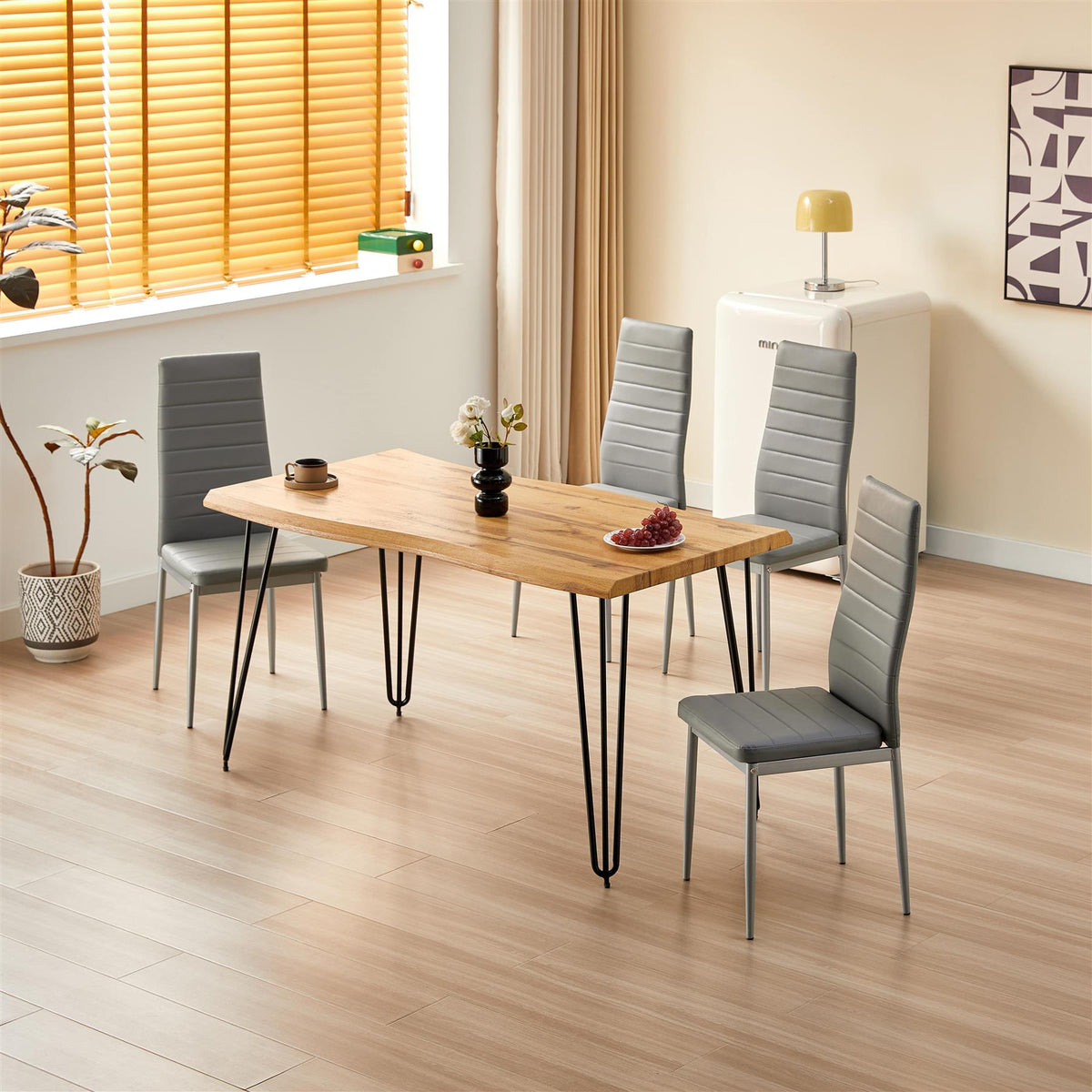 Brown Wooden Dining Table with 4 Grey Chairs - Dining Kitchen Room Furniture