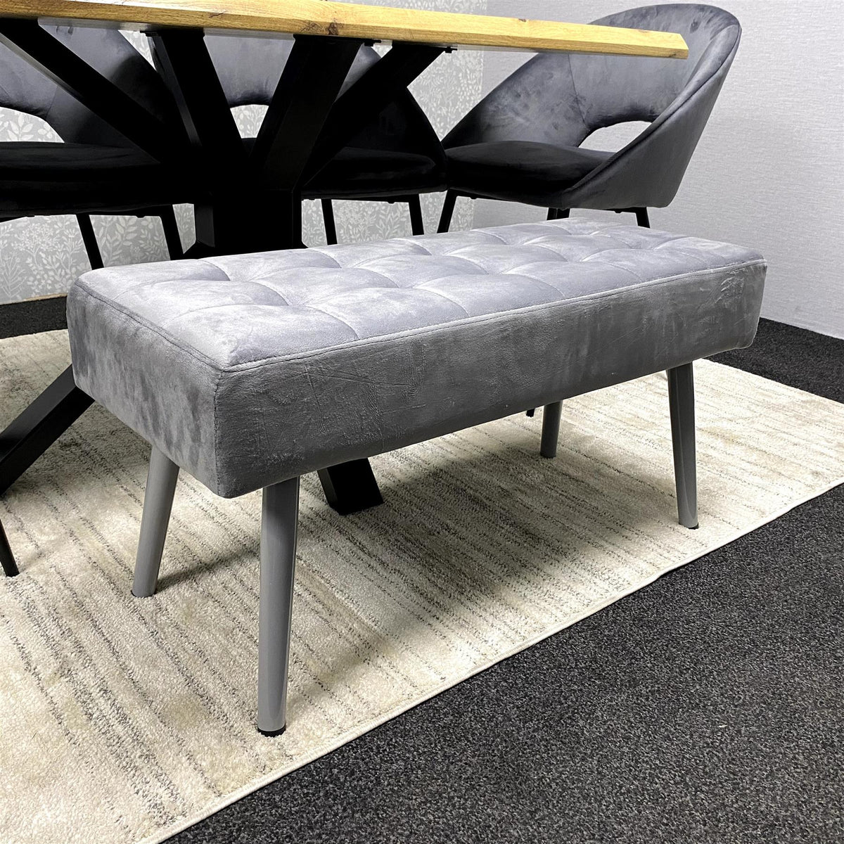 MDF Dining Set with Grey Velvet Chairs & Tufted Velvet Bench