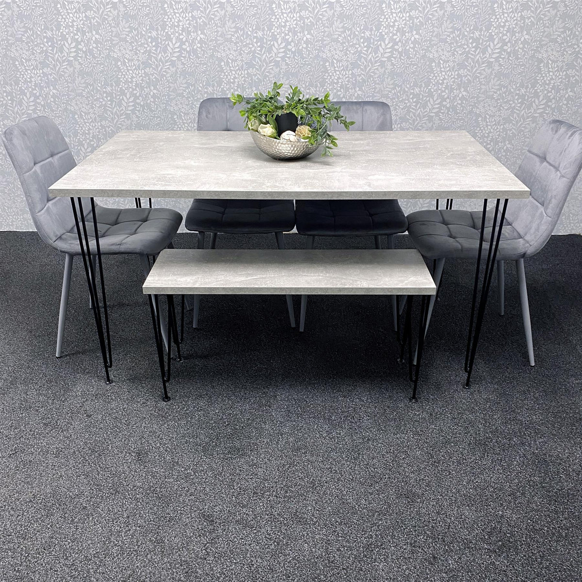 Grey Dining Table with Hairpin Legs, Bench & 4 Grey Velvet Chairs Set for Kitchen & Dining Room