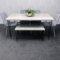 Grey Dining Table with Hairpin Legs, Bench & 4 Grey Velvet Chairs Set for Kitchen & Dining Room
