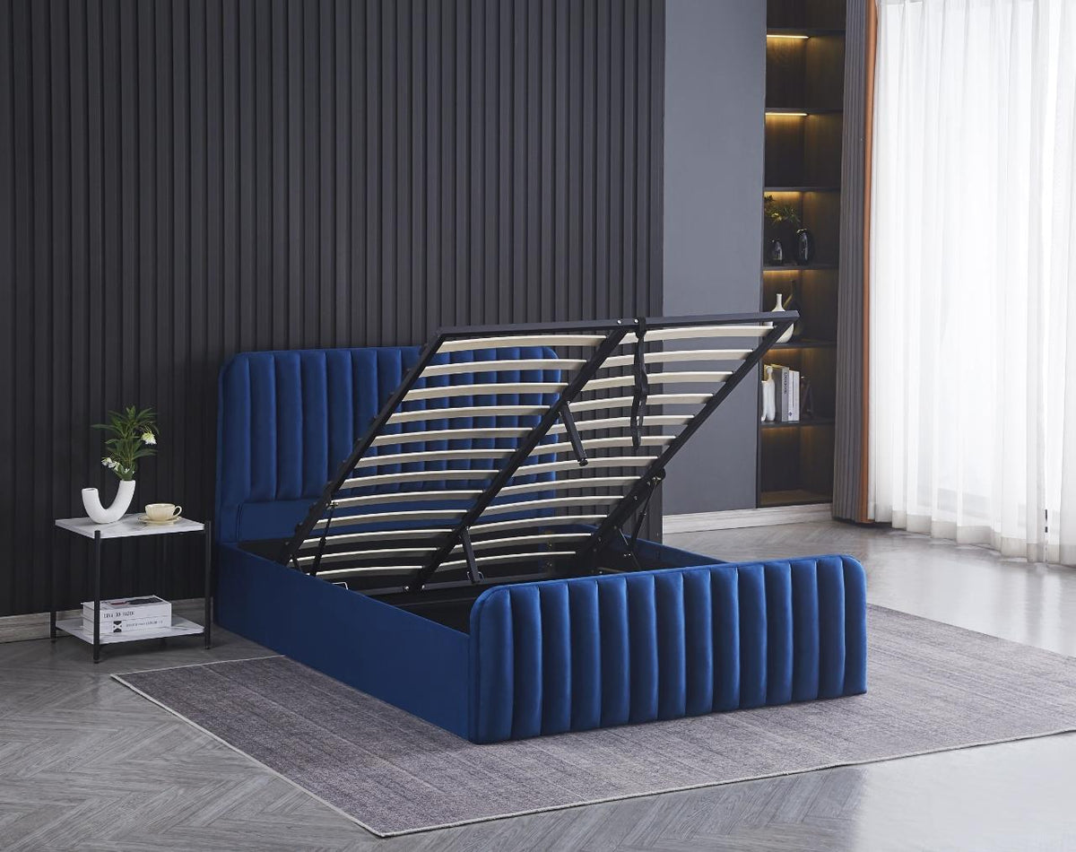 Ottoman Gas Lift Storage Bed 4ft6 Double with 1 Mattress Blue Velvet Bedroom